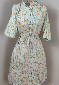 Vintage Kenny Classic Floral Spring Button Front Dress Mint Green Orange Yellow